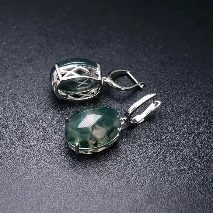 Boucles d'Oreilles en Agate Mousse Naturelle pour Femme, Argent Massif 925, Pierre Précieuse Indienne, 13x18mm, Dimensions de Mariage, Cadeau de ix