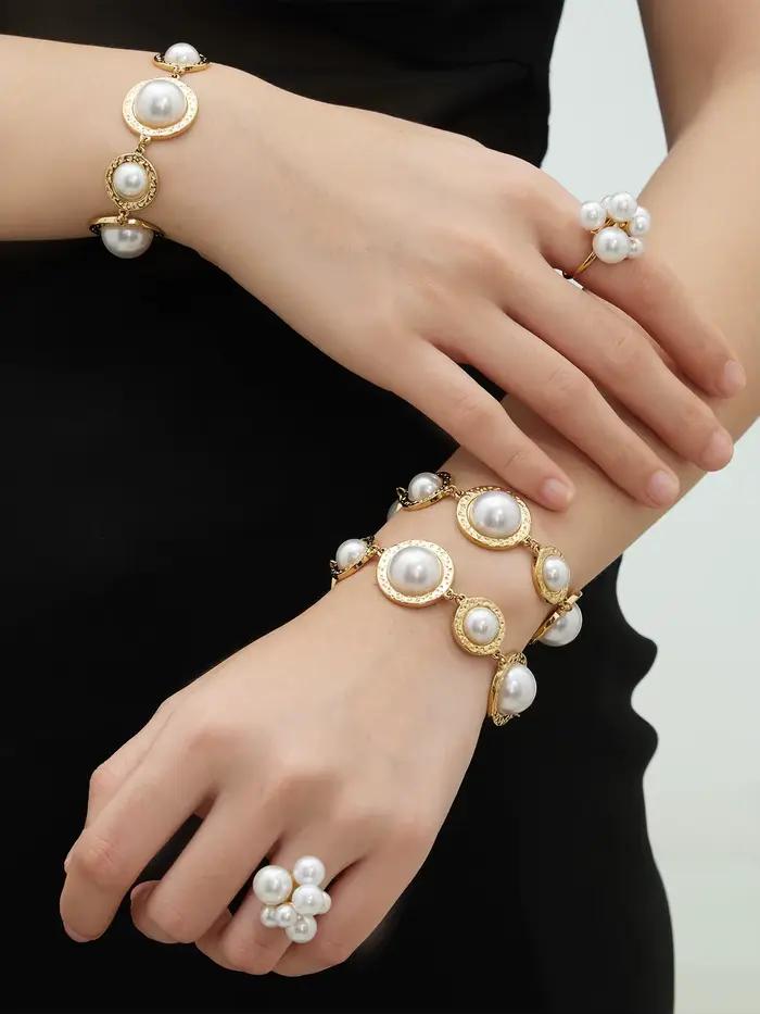 Grandes bagues ouvertes avec breloques en fausses perles pour femmes, couleur or, chaîne en acier inoxydable, ensembles de bijoux pour mariage et banquet