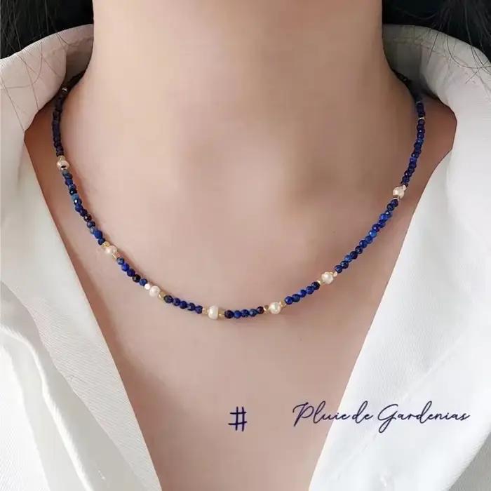 Minar Boho-Collier en Lapis Lazuli Bleu Marine pour Femme, Pierre Naturelle, Perles d'Eau Douce, Ras du Cou en Cuivre Plaqué Or 14K