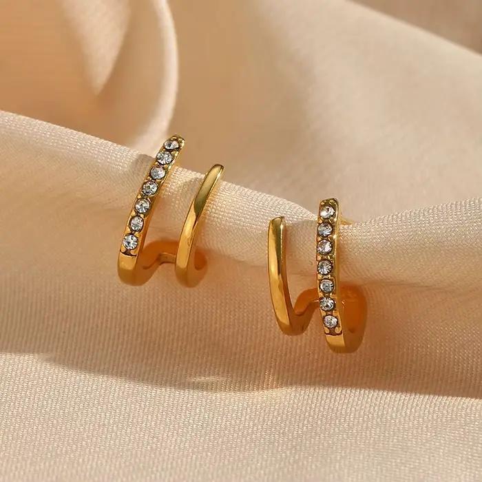 E.B.belle nouvelles boucles d'oreilles Huggie creuses Double couche pavées de cristal pour dames petites boucles d'oreilles en acier inoxydable plaqué or