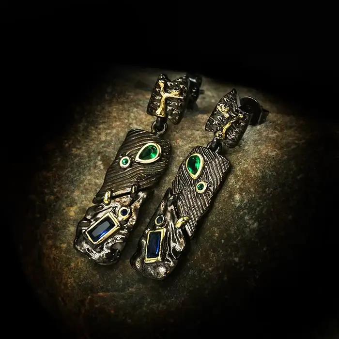 Boucles d'oreilles géométriques irrégulières bicolores pour femmes, Style ethnique exquis, or noir, argent 925, bijoux italiens faits à la main, fantaisie