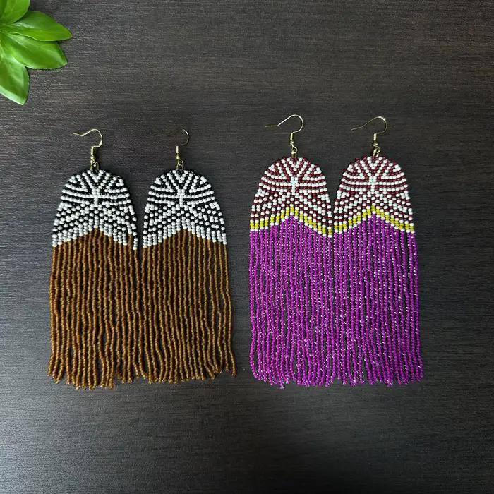 Boucles d'oreilles pendantes pour femmes Inspiration Design, perles de rocaille avec longues franges, crochets d'oreilles en acier inoxydable, accessoires