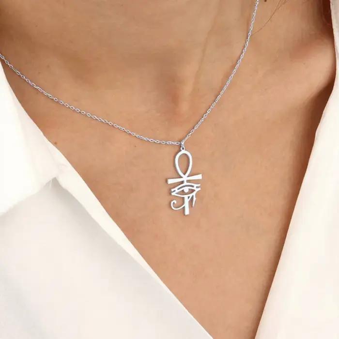 Collier pendentif Ankh Cross Eye of Horus pour femmes et hommes, amulette en acier inoxydable, bijoux cadeaux