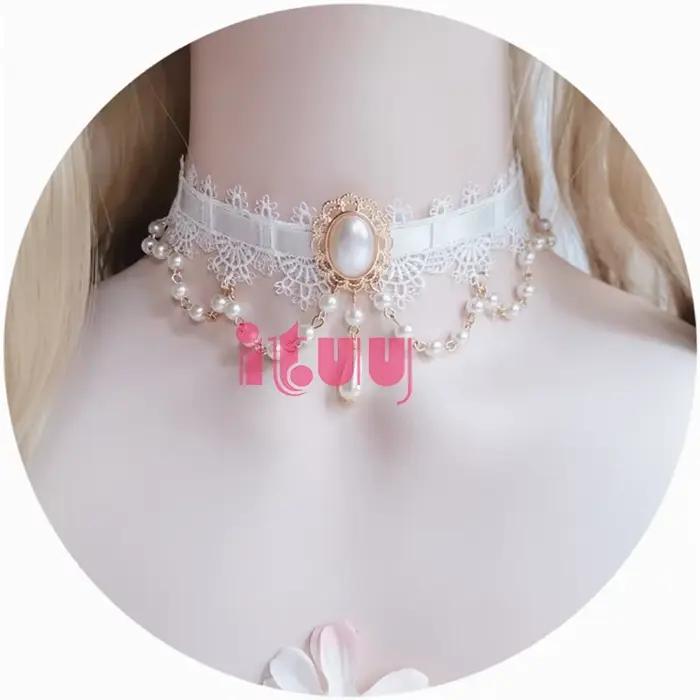 Collier Lolita Vintage gothique Style Rococo, accessoires de collier de perles en dentelle avec nœud papillon de princesse de mariage
