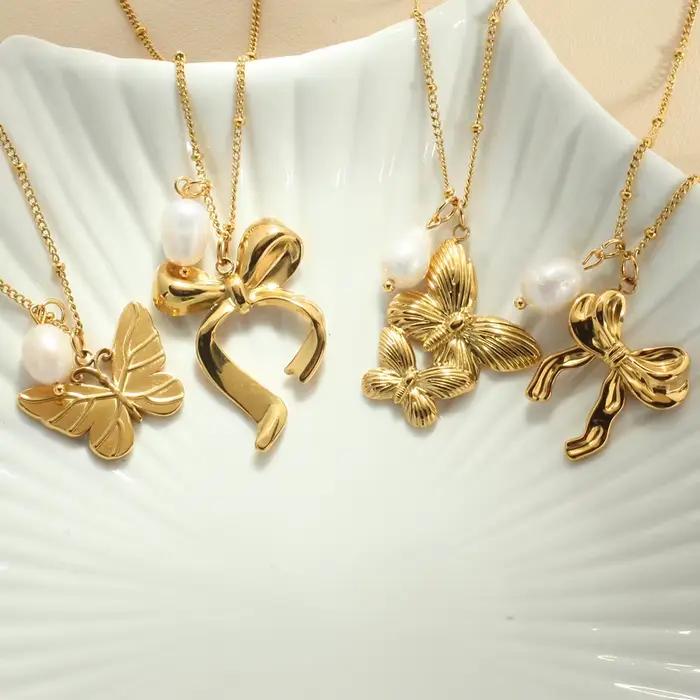 Pendentif collier pour les Femmes d'or chaîne D'eau Douce Perle Arc pendentifs à la mode femmes en acier inoxydable bijoux ensemble cadeau tendance