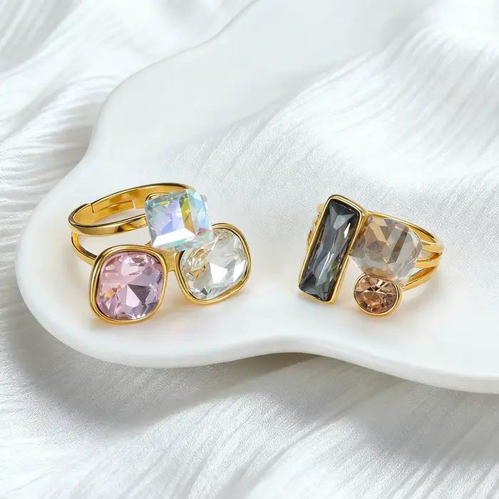 Sifisrri Simple Zircon fleur perlée anneaux pour femmes fille en acier inoxydable bijoux réglable couleur or anneau cadeau de noël
