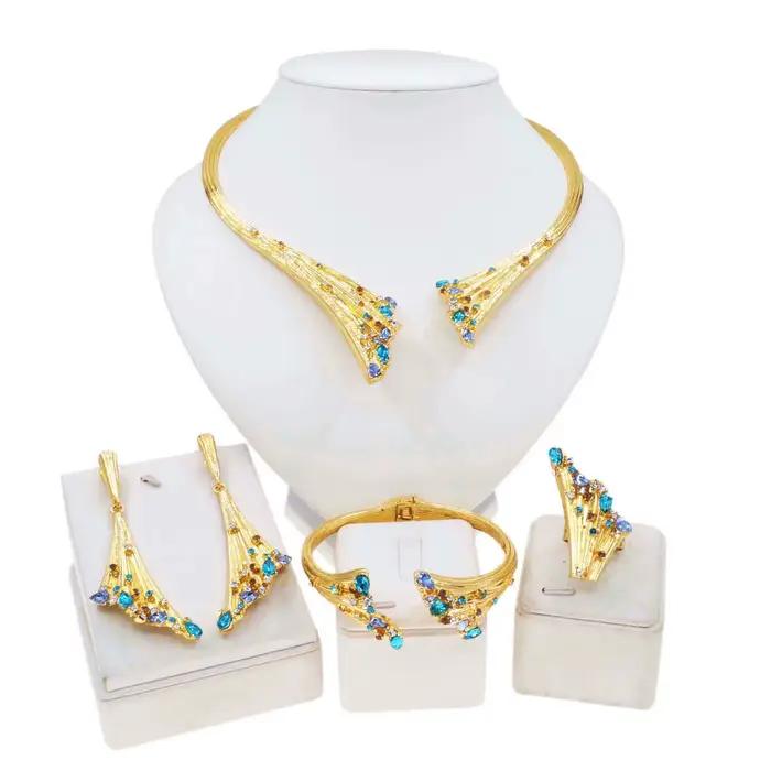 Ensemble de bijoux plaqués or pour femmes, dubaï, collier de luxe en pierre bleue, Bracelet, bague, ensembles de bijoux pour fête de mariage