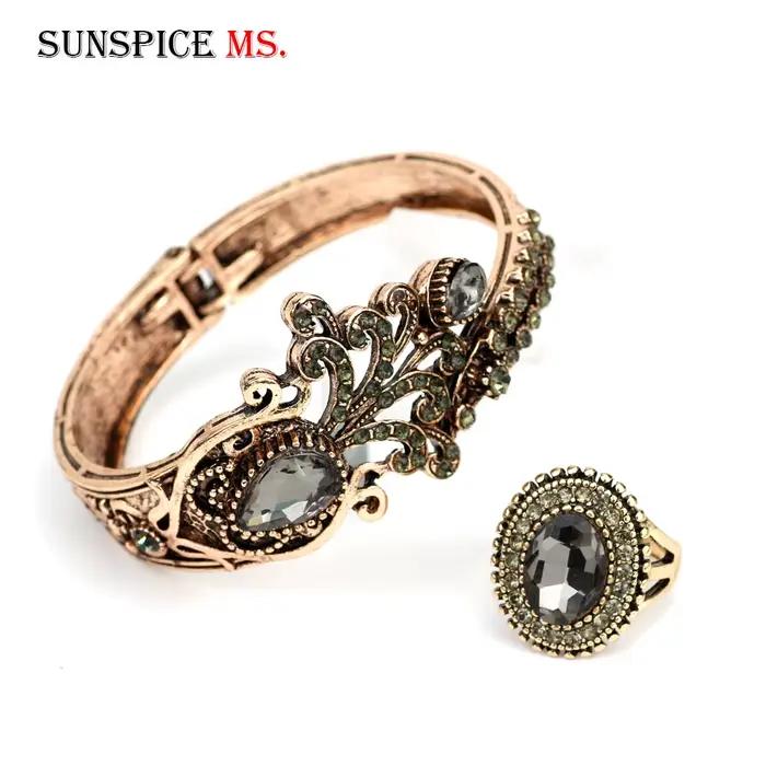 Chaude ronde résine femmes Vintage Bracelet fleur anneau Antique or couleur ethnique Bracelet manchette anneau ensembles de Bijoux turc Bijoux de mariée