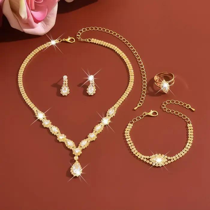 Parure de bijoux de mariée élégante en cristal transparent, collier pendentif goutte d'eau, bracelet tennis, boucles d'oreilles et bague pour mariées, cadeau de soirée