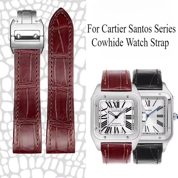Bracelet de montre de luxe pour Cartier Santos Sandoz 100 24.5 23 20mm, cuir de vache de qualité supérieure, boucle déployante en acier massif, noir et marron