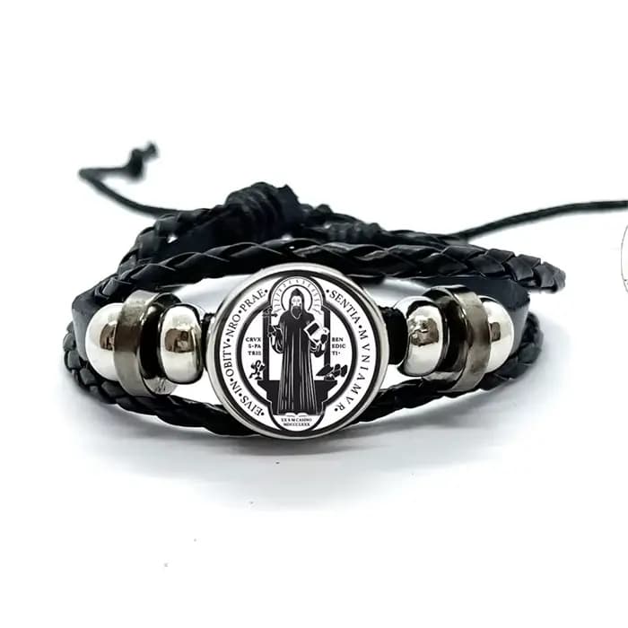 Bracelet en cuir avec médaille de Saint benoît, catholique, dôme en verre, boutons à pression, accessoires bijoux pour hommes et femmes