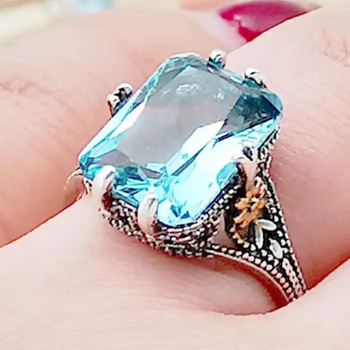 Bijoux pour femmes, bague en argent S925, bague en topaze bleue de haute mer, bague fleur bicolore
