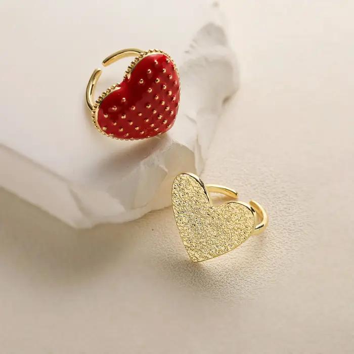 HECHENG, émail goutte à goutte rouge forme de coeur ouvert réglable cuivre métal anneau dames doux romantique bijoux cadeau 1 pc