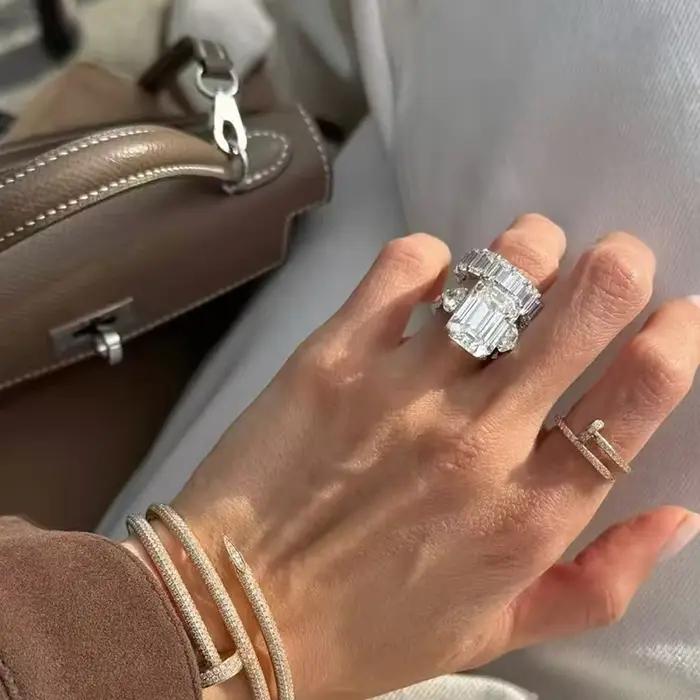 Bague de mariage luxueuse en or 14 carats avec diamant cultivé en laboratoire EF/VS VVS, taille émeraude de 15 ct, 3 pierres, certifié IGI