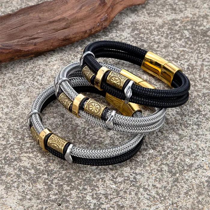 Vikings Runes Double couche ne se décolore pas en acier fil corde Bracelets hommes nordique couleur or bracelet en acier inoxydable de luxe mâle bijoux