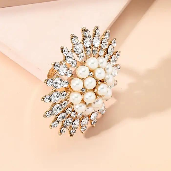 Zinsed-Bague de fiançailles plaquée or pour mariée, bijoux de mariage, matiques réglables, fleur magnifique exquise, perle de luxe