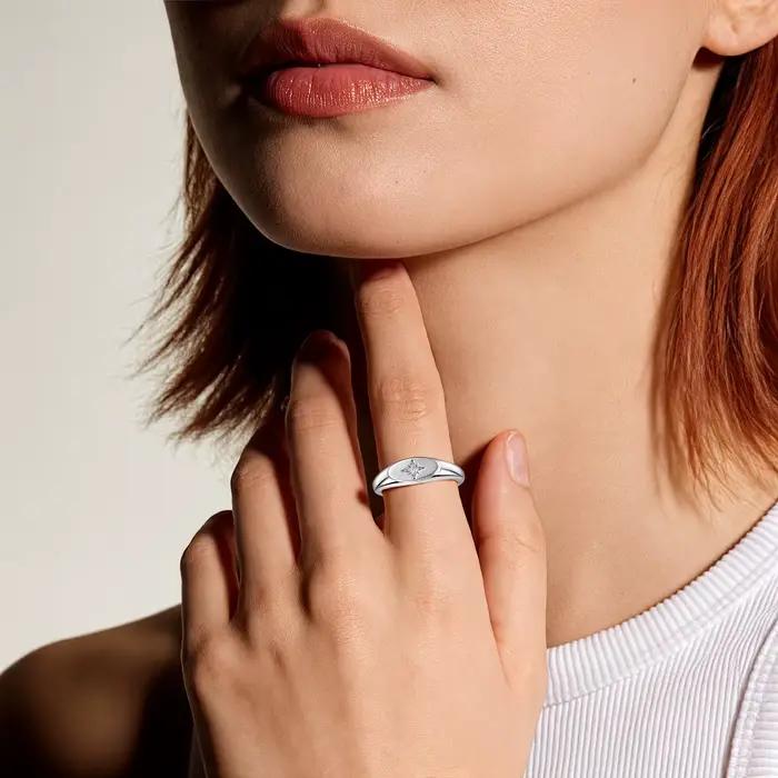 Bague Chevalière en Argent Sterling 925 avec Moissanite Brillante Étoile Polaire à Huit Branches, Bijou Minimaliste de Promesse et de Déclaration