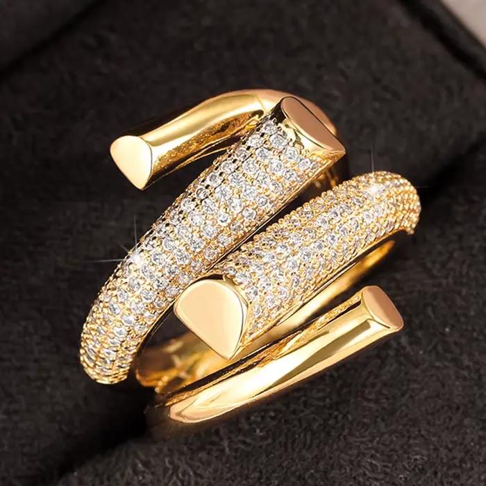 Bague Huitan Hyperbole en forme géométrique couleur or pour femme, luxueuse, pavée de zircons étincelants, pour usage quotidien, soirée, mode polyvalente, bijoux pour femme