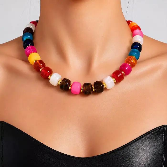 Collier ras du cou en perles de résine pour femme, collier ras du cou épais et coloré en acrylique, bijoux fantaisie bohèmes