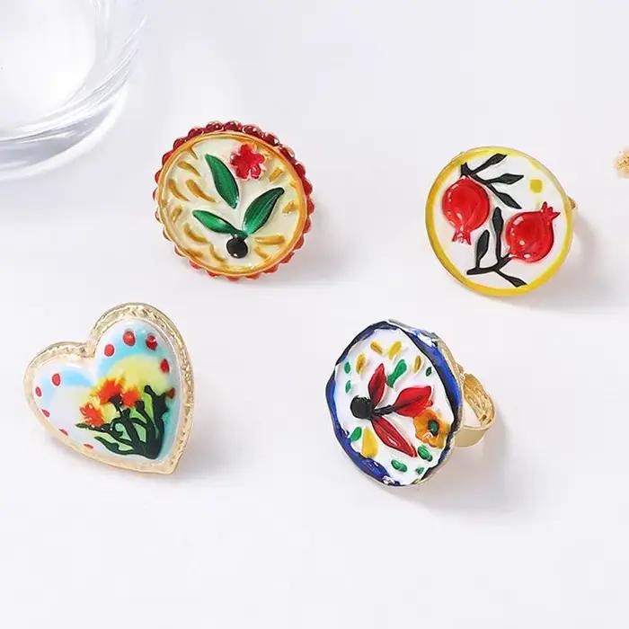 Bague en métal de style ethnique pastoral unique, imprimé fleurs et plantes, grenade, forme irrégulière et cœur, pour femme, NOUVEAU