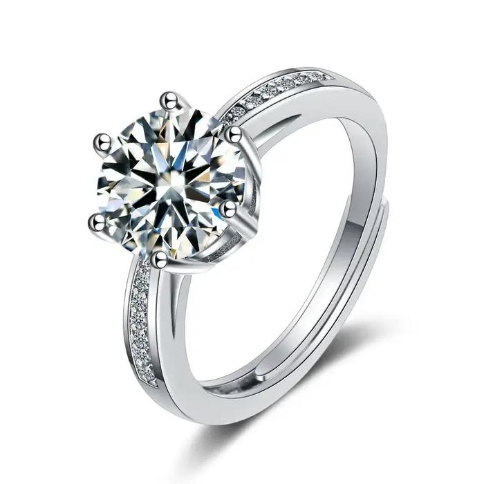 Bague en argent sterling 925 avec moissanite, solitaire classique à 6 griffes avec pierres latérales, bague de promesse de mariage ajustable pour femme