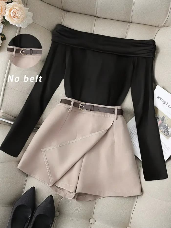 Ensemble haut à manches longues et épaules dénudées bordeaux pour femme et jupe-culotte noire, tenue élégante style « Boss Lady » amincissante en deux pièces