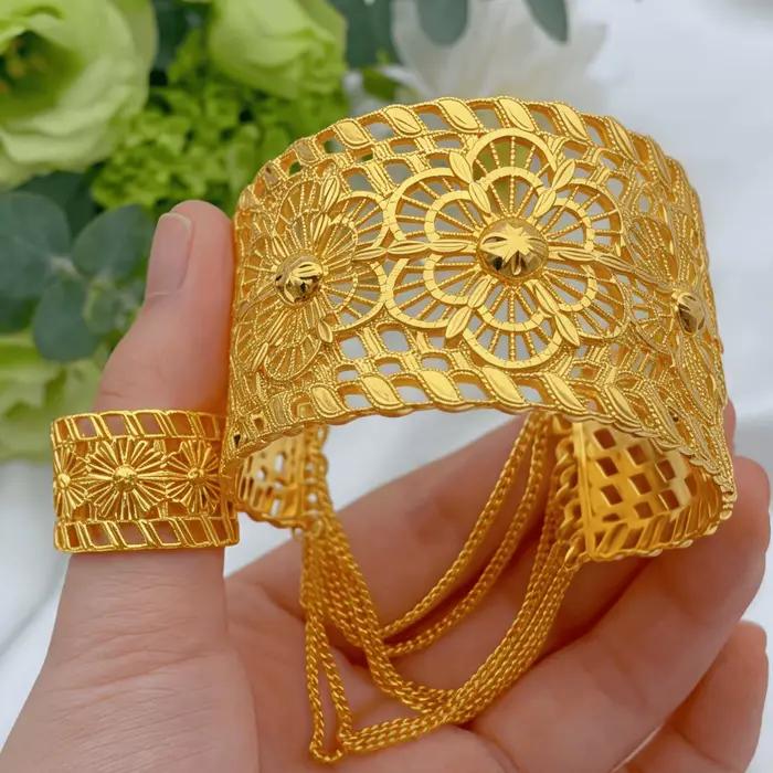 Ensemble de bracelets et bagues éthiopiens pour femmes, couleur or africain de Dubaï, avec pampilles et breloques rigides, bijoux arabes pour mariage et cadeaux de fête