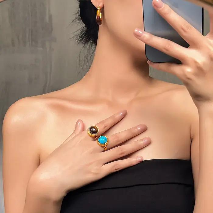 Bague Vintage Turquoise Naturelle pour Femme, Acier Inoxydable Plaqué Or, Bague Ronde Ouverte Femme, Bijoux Fantaisie, Cadeau