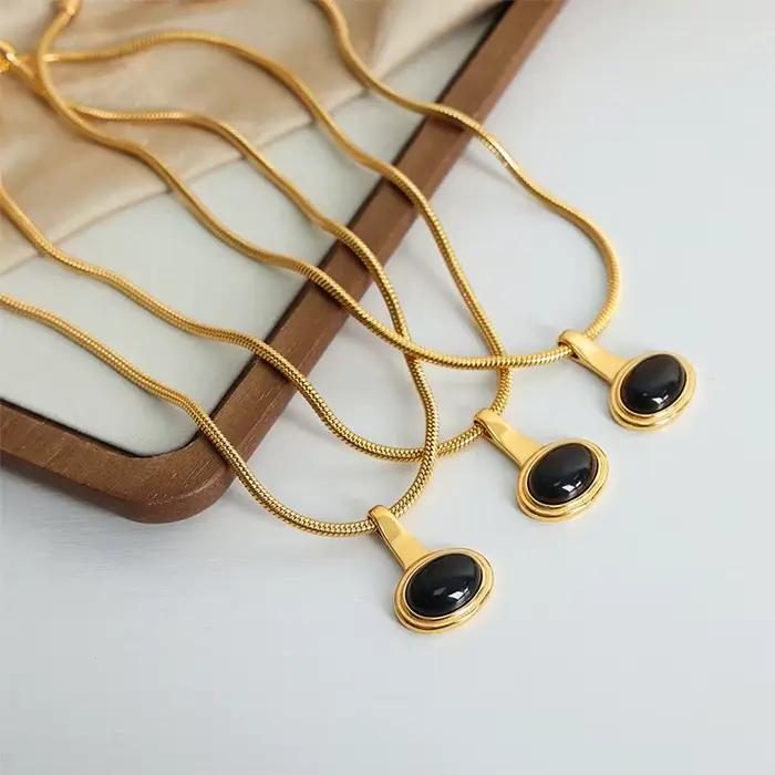 Colliers pendentifs en onyx noir pour femmes, plaqués or 18 carats, en acier inoxydable, collier à maillons épais, bijoux de haute qualité, cadeau