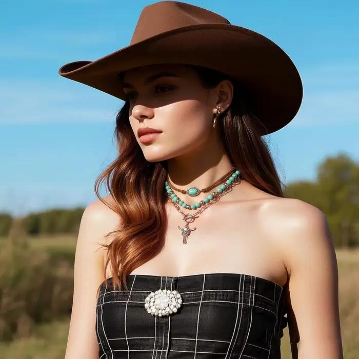 Colliers occidentaux superposés pour femmes, Vintage, Turquoise, perles, tête de bœuf, bijoux occidentaux, Concert de campagne, robes de Cowgirl, accessoires