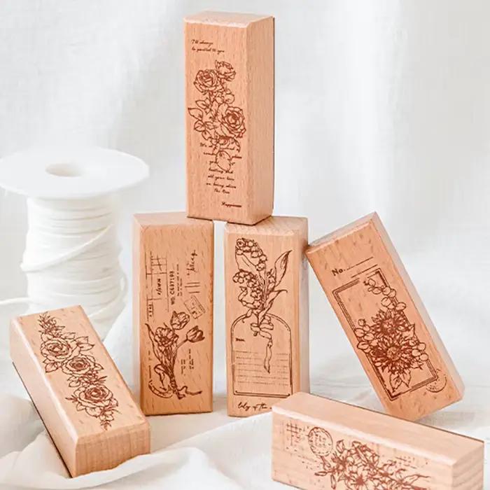 Série de tampons en bois esthétiques motif fleurs et plantes grimpantes 'Muguet' et 'Lignes de roses' pour scrapbooking, journal créatif et fournitures d'artisanat