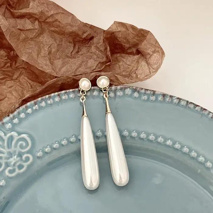 Clips d'oreille en perles de gouttelette d'eau simples pour femmes, boucles d'oreilles à clipser rondes, vintage, long, élégant, non piercing, fête de mariage, géométrie