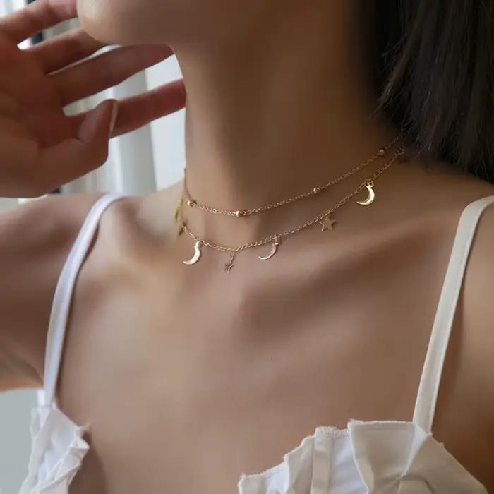 Collier ras du cou avec pendentif étoile et lune pour femmes, Double couche, minimaliste, Vintage, à la mode, 2023