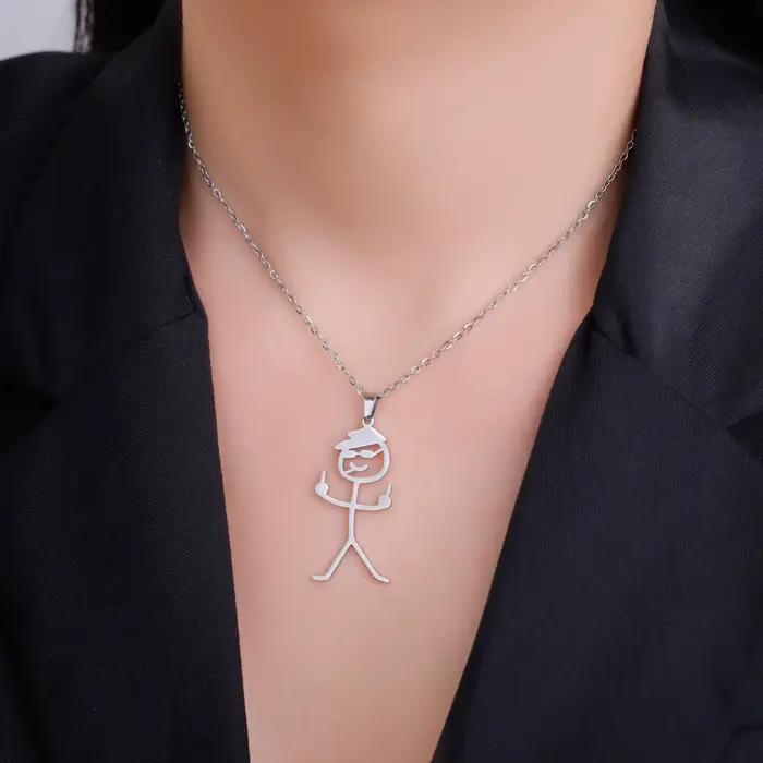 Collier amusant pour homme et femme, pendentif doigt d'honneur style doodle stickman, couleur or, bijoux en acier inoxydable, accessoire chaîne rock punk