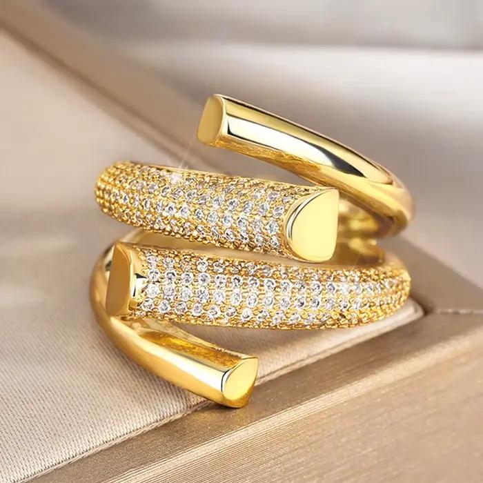 Bague Huitan Hyperbole en forme géométrique couleur or pour femme, luxueuse, pavée de zircons étincelants, pour usage quotidien, soirée, mode polyvalente, bijoux pour femme