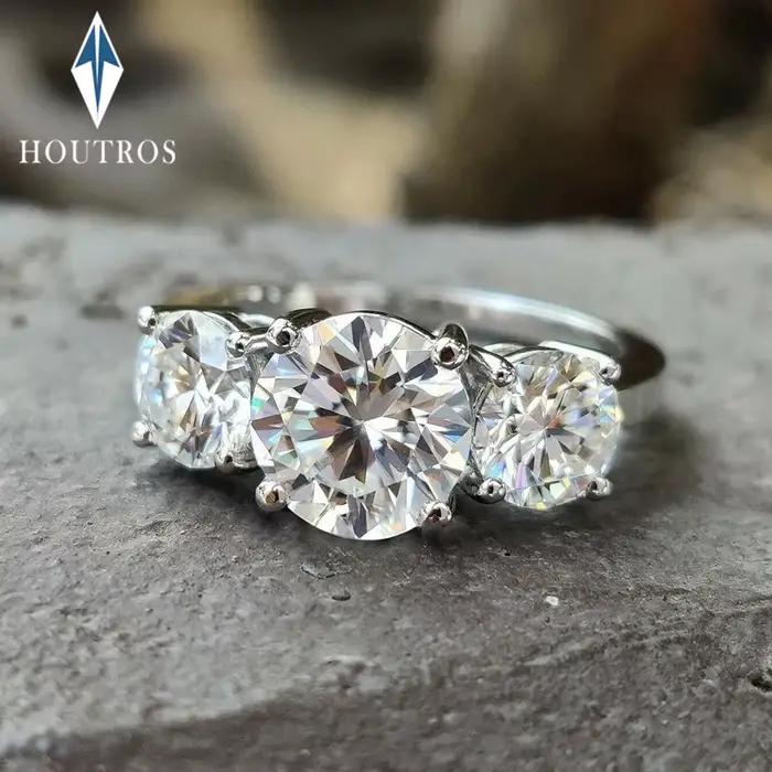 Bagues en diamant Moissanite couleur D 2/4 Carat, avec certificat GRA, coupe ronde, trois pierres, bague de fiançailles, bijoux de mariage
