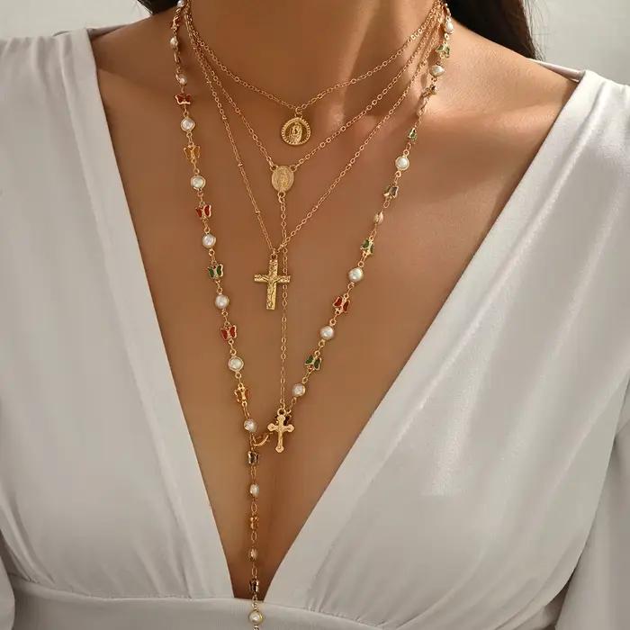 Collier vintage superposé en Y pour femme, imitation perle, croix, médaille Vierge Marie, strass, papillon, bijoux religieux multicolores