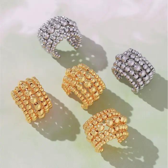 Bague de perles multicouches en acier inoxydable plaqué or 18 carats, étanche, sans ternissement, anneaux ouverts pour femmes et hommes, bijoux de couple
