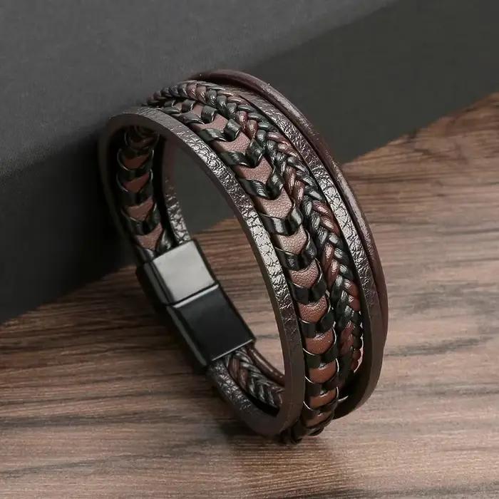 Bracelet tressé en cuir vintage superposé, classique, fait main, avec fermoir magnétique en alliage, style mode, cadeaux, nouveau modèle