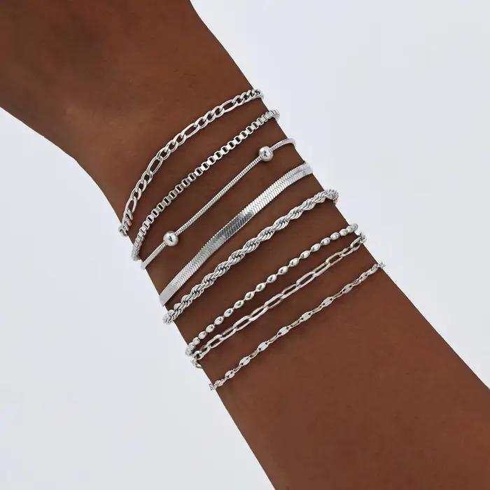 Bracelet chaîne pour femme couleur argent, bracelets empilables en acier inoxydable, cadeaux superposés résistants à l'eau