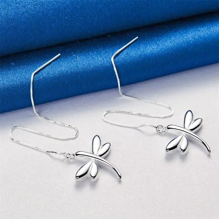 Boucles d'oreilles longues en argent sterling 925 avec motif libellule, charmantes et exquises, pour femmes, bijoux élégants pour cadeau de mariage