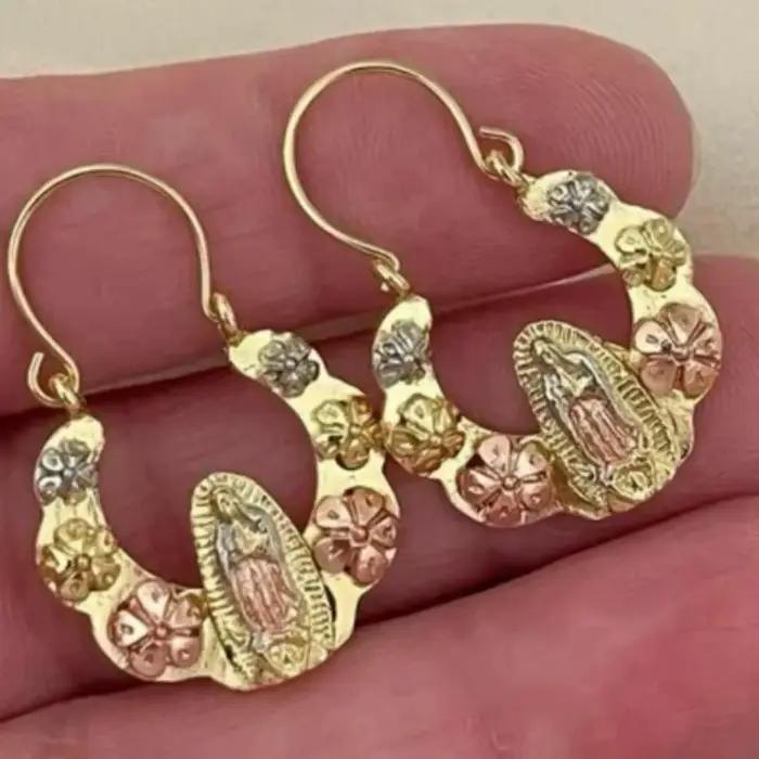 Boucles d'oreilles ethniques sculptées à la main pour femmes, motif floral, trois couleurs, géométrie métallique, pour usage quotidien, bijoux de fête, cadeau d'anniversaire