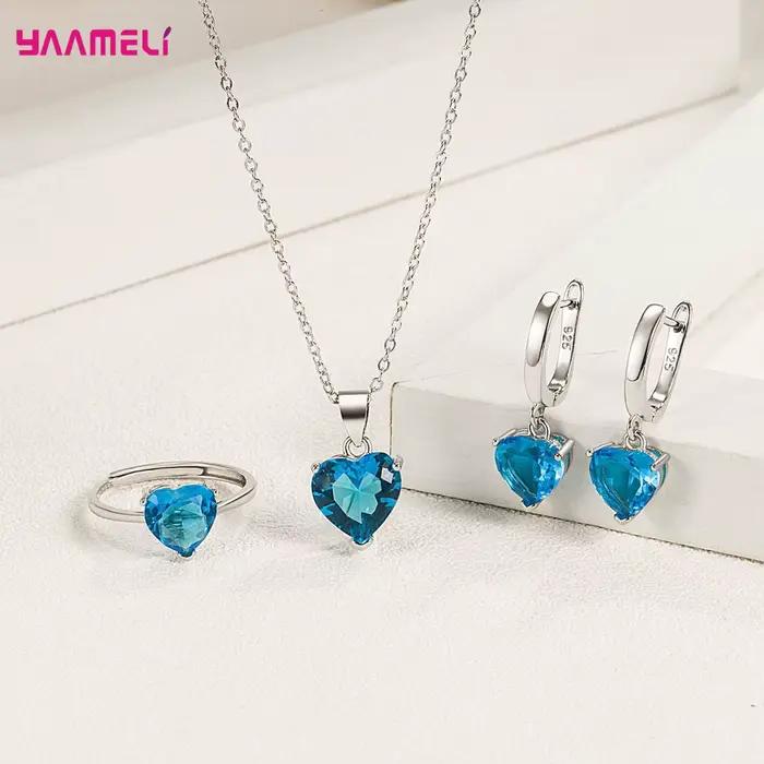 Bijoux fins en argent Sterling 925, coffrets cadeaux pour femmes, cœur romantique, boucles d'oreilles Huggie en Zircon, pendentif, collier, bague