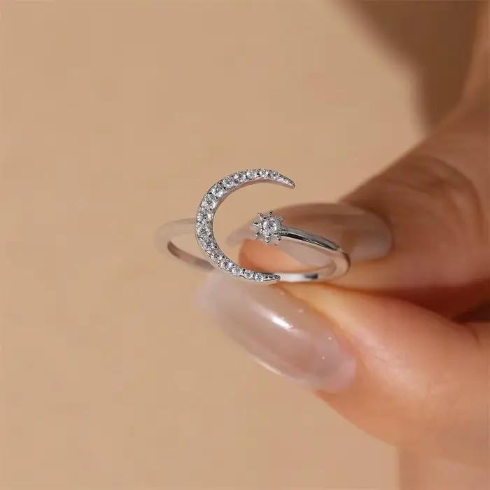 Boako 925 bague en argent Sterling étoile lune Moissanite pour les Couples amoureux Wihte or ouverture réglable bijoux cadeau pour elle