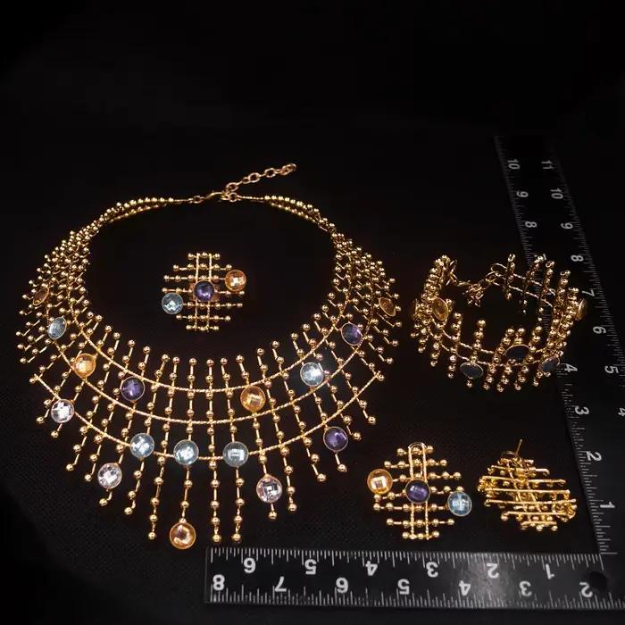 Ensemble de bijoux pour femmes plaqué or 24 carats, collier, boucles d'oreilles, bracelet, bague, pierres multicolores