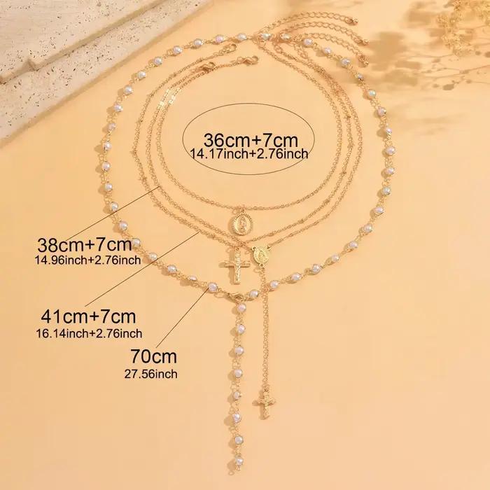 Collier vintage superposé en Y pour femme, imitation perle, croix, médaille Vierge Marie, strass, papillon, bijoux religieux multicolores