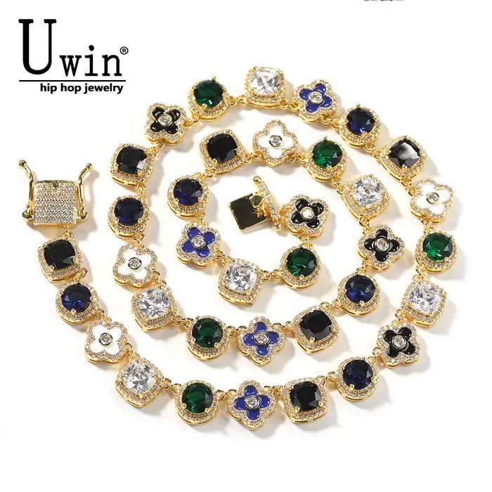 Uwin – collier carré en Zircon coloré, chaîne en émail à fleurs, entièrement glacé, Zircon cubique, ras du cou luxueux, bijoux HipHop