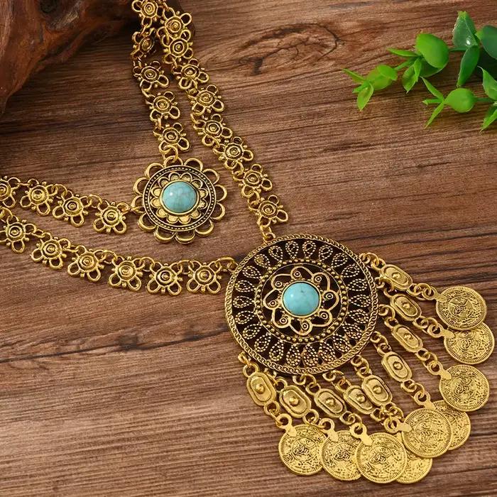 Collier ethnique en forme de pièce de monnaie Turquoise, style bohème, Vintage, pendentif à pampilles superposées, bijoux de déclaration, accessoires de ton de couleur or argent