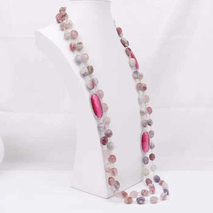 Collier G-G à 2 rangs de bijoux, 2 rangs de tourmaline rose naturelle, connecteur œil de chat rouge rosé, 38''