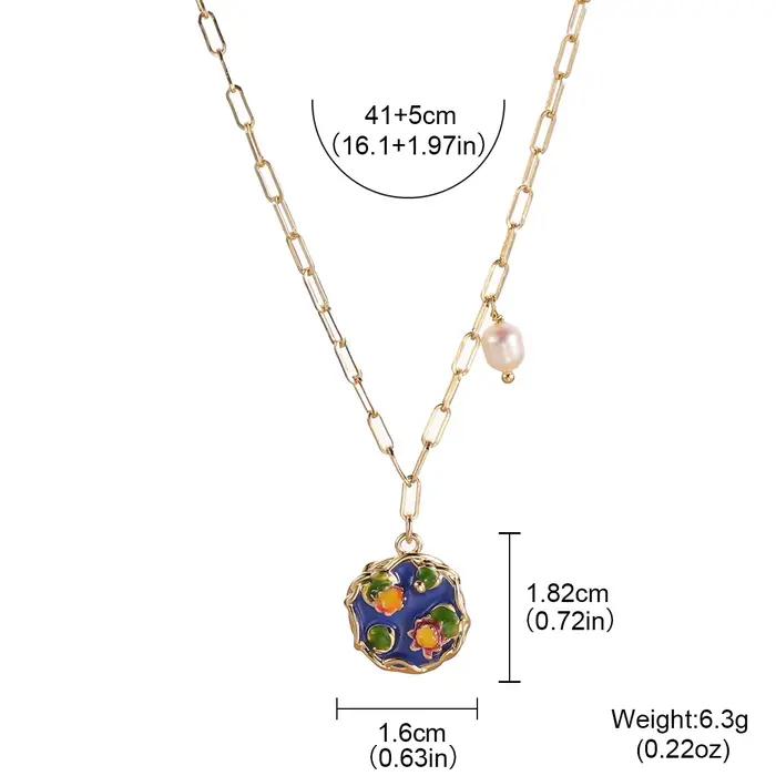 Collier pendentif fleur émaillée vintage français pour femme, chaîne maillons trombone perle baroque, bijou ras-du-cou rétro doré